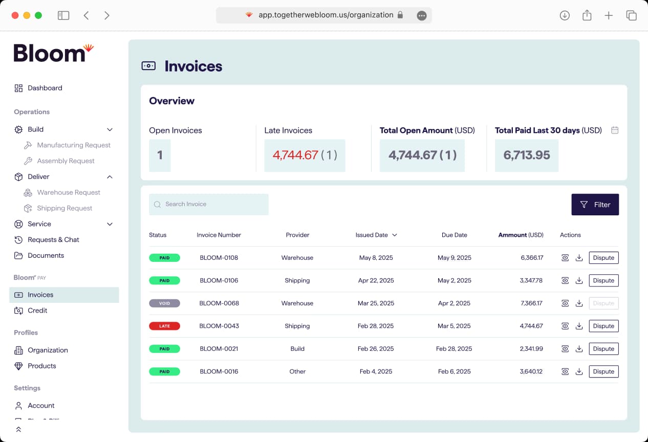 Bloom platform invoices dashboard